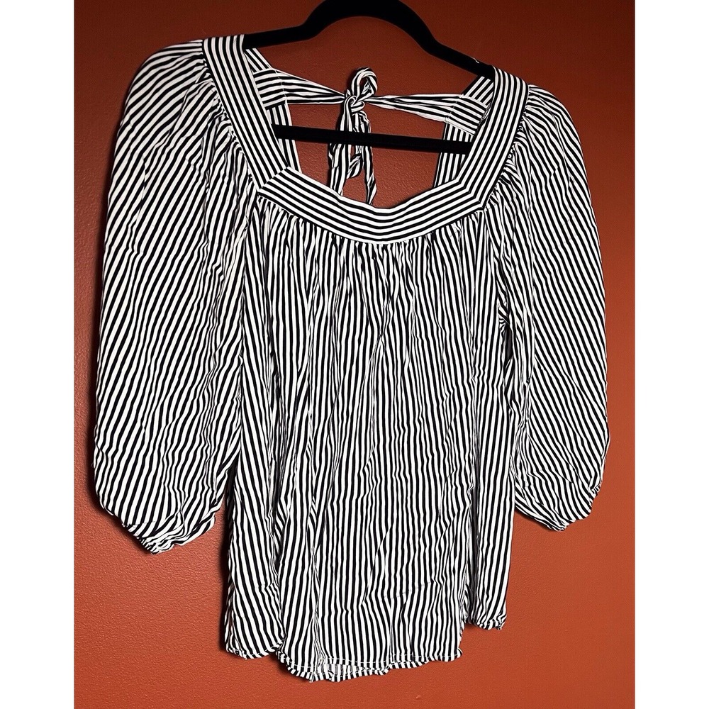 Andree By Unit Striped‎ Peasant Blouse Womens Large Tie Back Square Neck Top